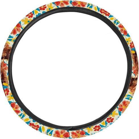 Premium 15-Inch Polyester Steering Wheel Cover - Highland Cattle Cow Colorful Flower Pattern - Auto Wheel Cover for Car, SUV, Van, RV in Saudi Arabia