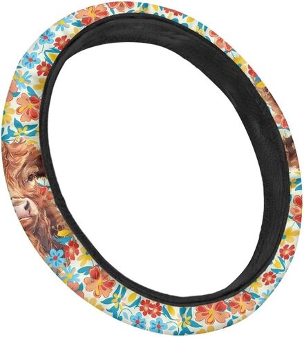Premium 15-Inch Polyester Steering Wheel Cover - Highland Cattle Cow Colorful Flower Pattern - Auto Wheel Cover for Car, SUV, Van, RV in Saudi Arabia