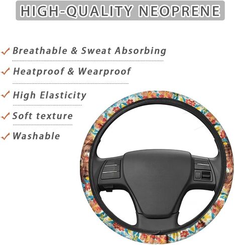 Premium 15-Inch Polyester Steering Wheel Cover - Highland Cattle Cow Colorful Flower Pattern - Auto Wheel Cover for Car, SUV, Van, RV in Saudi Arabia