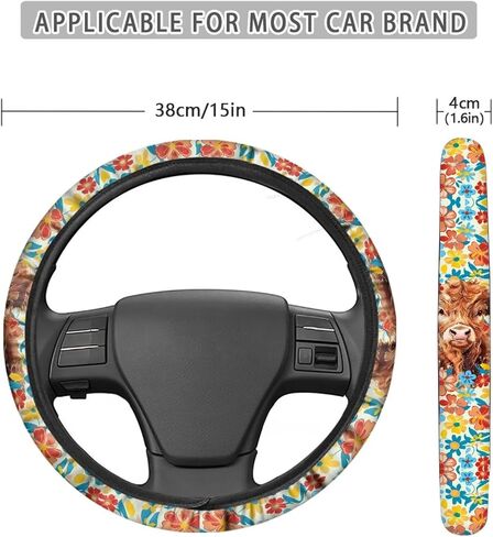 Premium 15-Inch Polyester Steering Wheel Cover - Highland Cattle Cow Colorful Flower Pattern - Auto Wheel Cover for Car, SUV, Van, RV in Saudi Arabia
