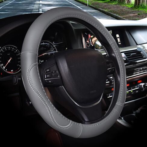 Elantrip Gray Stitching Steering Wheel Cover - Universal Fit for for 14 1/2 inch to 15 Inch Steering Wheels, Enhances Grip, Protects Steering Wheel, Adds Style in Kuwait