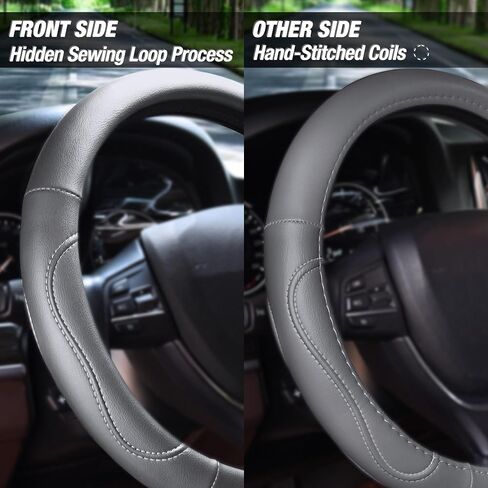 Elantrip Gray Stitching Steering Wheel Cover - Universal Fit for for 14 1/2 inch to 15 Inch Steering Wheels, Enhances Grip, Protects Steering Wheel, Adds Style in Kuwait