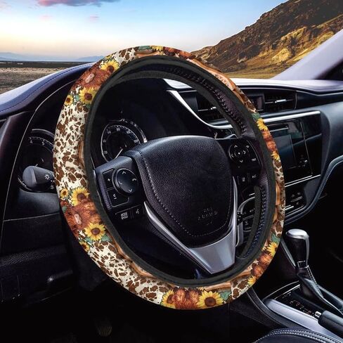Premium 15-Inch Polyester Steering Wheel Cover - Highland Cattle Cow Colorful Flower Pattern - Auto Wheel Cover for Car, SUV, Van, RV in Saudi Arabia