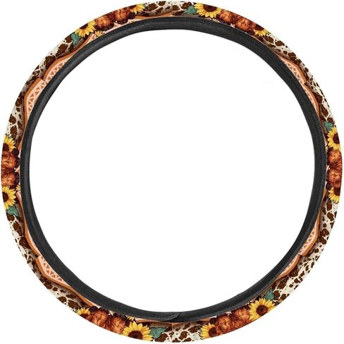 Premium 15-Inch Polyester Steering Wheel Cover - Highland Cattle Cow Colorful Flower Pattern - Auto Wheel Cover for Car, SUV, Van, RV in Saudi Arabia