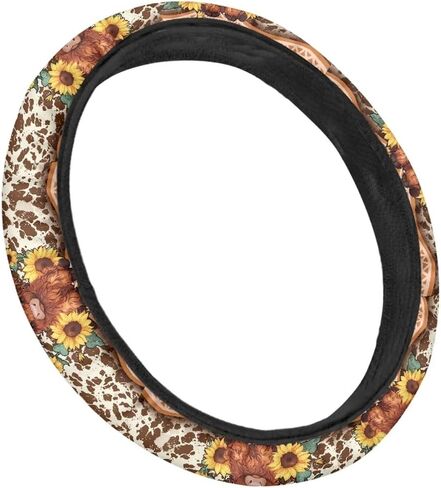 Premium 15-Inch Polyester Steering Wheel Cover - Highland Cattle Cow Colorful Flower Pattern - Auto Wheel Cover for Car, SUV, Van, RV in Saudi Arabia
