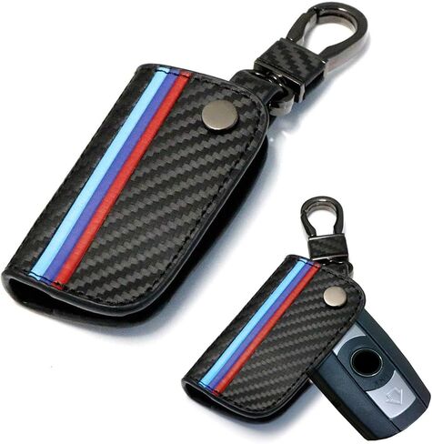 iJDMTOY Iconic 3-Color Stripe Black Carbon Fiber Pattern Leather Key Holder with Keychain Compatible With BMW Remote Fob (Older 1 3 5 6 Series X5 X6 Z4) in Saudi Arabia