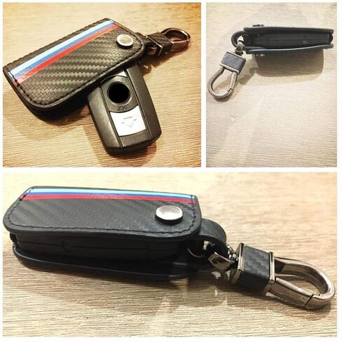 iJDMTOY Iconic 3-Color Stripe Black Carbon Fiber Pattern Leather Key Holder with Keychain Compatible With BMW Remote Fob (Older 1 3 5 6 Series X5 X6 Z4) in Saudi Arabia