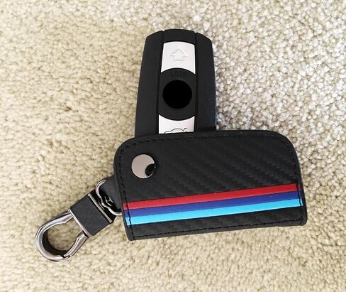 iJDMTOY Iconic 3-Color Stripe Black Carbon Fiber Pattern Leather Key Holder with Keychain Compatible With BMW Remote Fob (Older 1 3 5 6 Series X5 X6 Z4) in Saudi Arabia