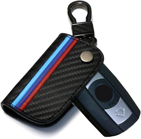 iJDMTOY Iconic 3-Color Stripe Black Carbon Fiber Pattern Leather Key Holder with Keychain Compatible With BMW Remote Fob (Older 1 3 5 6 Series X5 X6 Z4) in Saudi Arabia