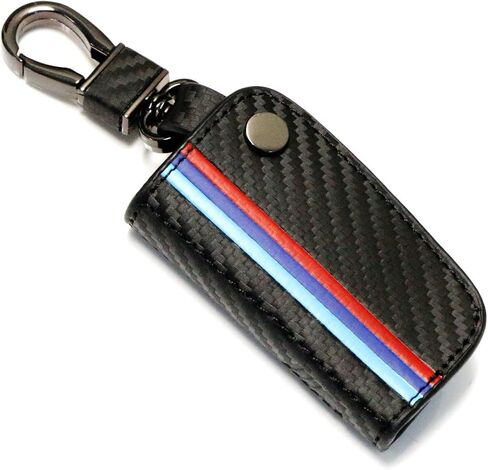 iJDMTOY Iconic 3-Color Stripe Black Carbon Fiber Pattern Leather Key Holder with Keychain Compatible With BMW Remote Fob (Older 1 3 5 6 Series X5 X6 Z4) in Saudi Arabia