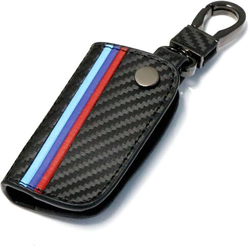 iJDMTOY Iconic 3-Color Stripe Black Carbon Fiber Pattern Leather Key Holder with Keychain Compatible With BMW Remote Fob (Older 1 3 5 6 Series X5 X6 Z4) in Saudi Arabia
