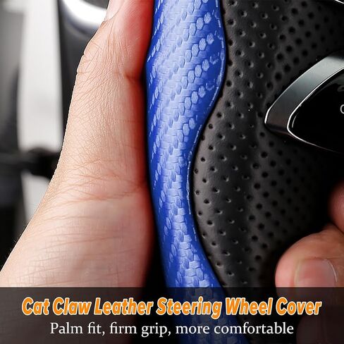 Carbon Fiber Car Steering Wheel Cover, 14.5-15 Inch Leather Segmented Vehicle Steer Wheel Protector, Anti-Slip & Breathable Auto Interior Accessories, Universal for Most Cars (Blue) in Saudi Arabia