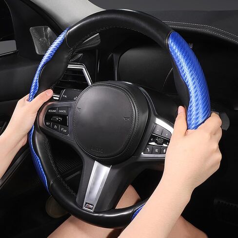 Carbon Fiber Car Steering Wheel Cover, 14.5-15 Inch Leather Segmented Vehicle Steer Wheel Protector, Anti-Slip & Breathable Auto Interior Accessories, Universal for Most Cars (Blue) in Saudi Arabia