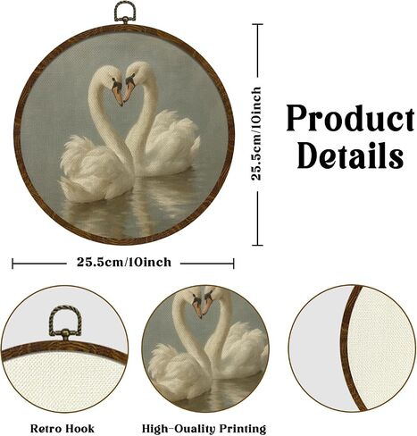 KLYTINK Vintage Swan Round Wall Art,Canvas Prints with White Swan Design, Rustic Bird Hanging Wall Decor for Living Room, Bedroom, Farmhouse or Gallery Space,10"x10"(White Swan-04) in Saudi Arabia