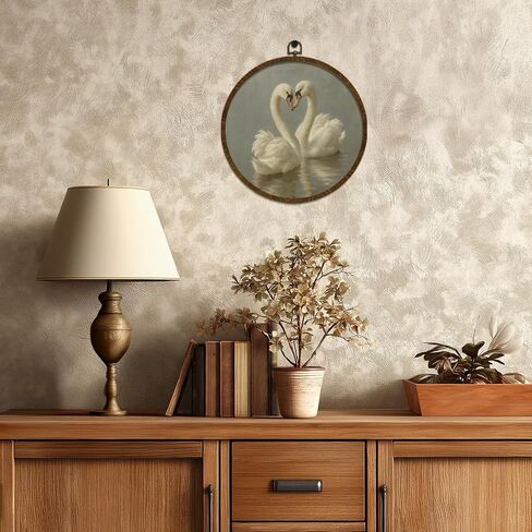 KLYTINK Vintage Swan Round Wall Art,Canvas Prints with White Swan Design, Rustic Bird Hanging Wall Decor for Living Room, Bedroom, Farmhouse or Gallery Space,10"x10"(White Swan-04) in Saudi Arabia