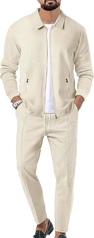 Men's Full Zip Polo Jacket & Drawstring Pants Set 2pcs Regular Fit Casual Sport Tracksuit with Pockets in Kuwait