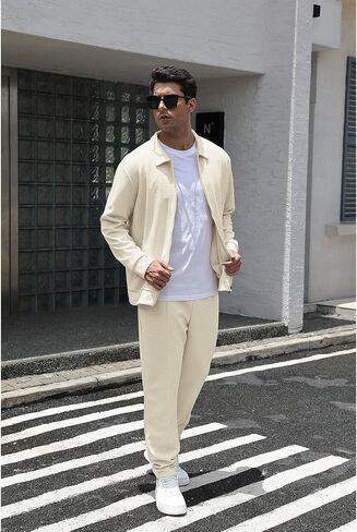 Men's Full Zip Polo Jacket & Drawstring Pants Set 2pcs Regular Fit Casual Sport Tracksuit with Pockets in Kuwait
