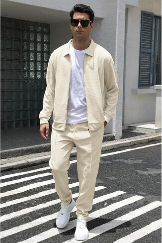 Men's Full Zip Polo Jacket & Drawstring Pants Set 2pcs Regular Fit Casual Sport Tracksuit with Pockets in Kuwait