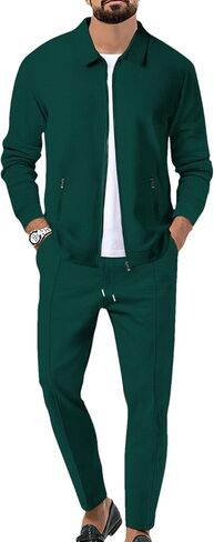 Men's Full Zip Polo Jacket & Drawstring Pants Set 2pcs Regular Fit Casual Sport Tracksuit with Pockets in Kuwait