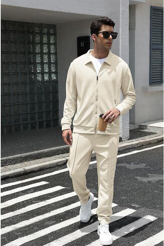 Men's Full Zip Polo Jacket & Drawstring Pants Set 2pcs Regular Fit Casual Sport Tracksuit with Pockets in Kuwait