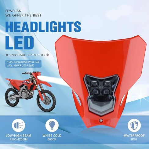 Dirt Bike LED Headlight - Universal Dirtbike Headlights Kit - Motorcycle Head Lamp for CRF450L CRF450XR Red in Kuwait