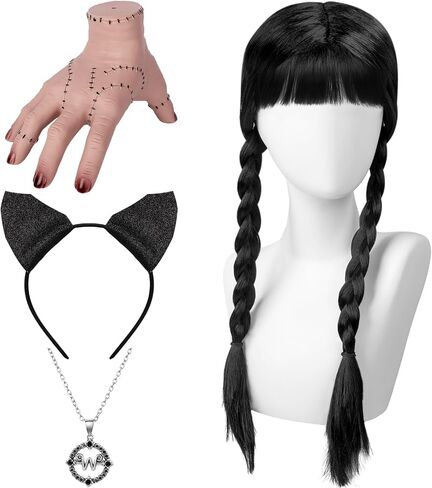 Long Straight Black Braided Wig with Creepy Severed Hand, Necklace, and Headband–Gothic Halloween Cosplay for Women in Saudi Arabia