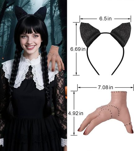 Long Straight Black Braided Wig with Creepy Severed Hand, Necklace, and Headband–Gothic Halloween Cosplay for Women in Saudi Arabia