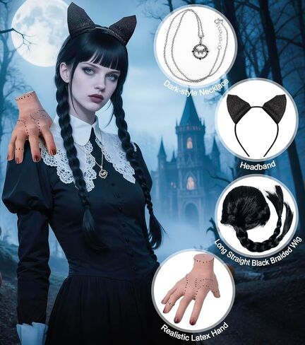 Long Straight Black Braided Wig with Creepy Severed Hand, Necklace, and Headband–Gothic Halloween Cosplay for Women in Saudi Arabia