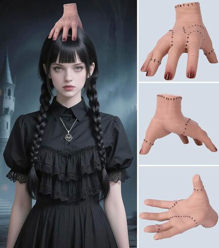 Long Straight Black Braided Wig with Creepy Severed Hand, Necklace, and Headband–Gothic Halloween Cosplay for Women in Saudi Arabia