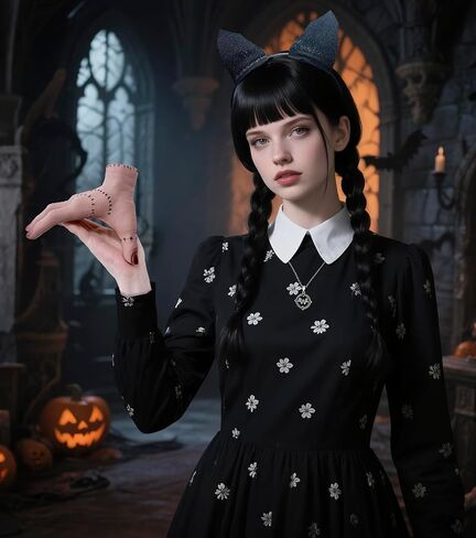 Long Straight Black Braided Wig with Creepy Severed Hand, Necklace, and Headband–Gothic Halloween Cosplay for Women in Saudi Arabia