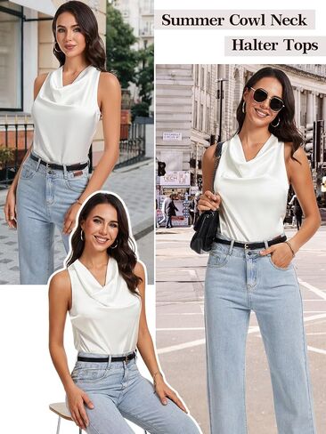 Cowl Neck Halter Tops for Women Silk Satin Going Out Tank Top Trendy Summer Camisole Business Casual Blouses Outfits in Saudi Arabia