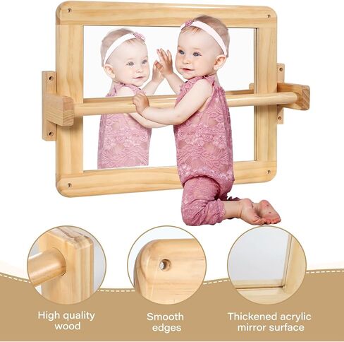 Montessori Mirror Baby Wall ، Baby Pull Up Bar ، Montessori 3-in-1 shatterproof Mirror ، Wooden Pull Up Bar ، Toddler سحب البار ، (صغير) in Kuwait