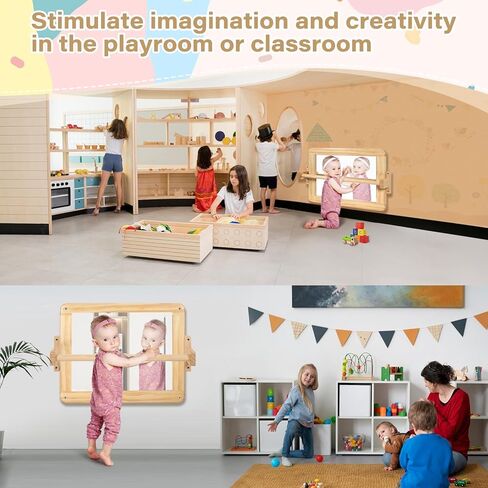 Montessori Mirror Baby Wall ، Baby Pull Up Bar ، Montessori 3-in-1 shatterproof Mirror ، Wooden Pull Up Bar ، Toddler سحب البار ، (صغير) in Kuwait