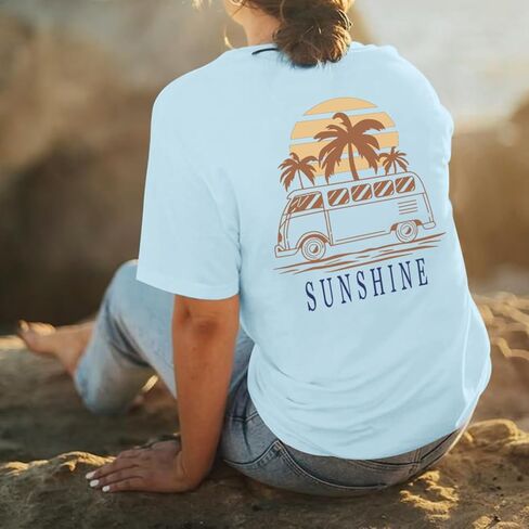 Hawaiian Shirts for Women Beach Hawaii Tropical Shirt Palm Tree Sunshine Graphic Tees Vacation Summer Vibes Tops in Kuwait