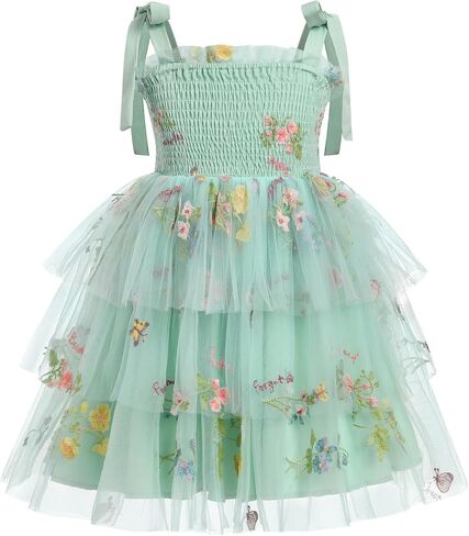 Odasdo Flower Girl Dress Kids Spaghetti Strap Tie Tie-Counder Smocked A-Line Tutu Tulle Tiered Dress Dresses Fecys Second in Saudi Arabia
