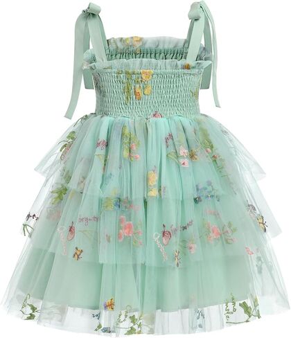Odasdo Flower Girl Dress Kids Spaghetti Strap Tie Tie-Counder Smocked A-Line Tutu Tulle Tiered Dress Dresses Fecys Second in Saudi Arabia