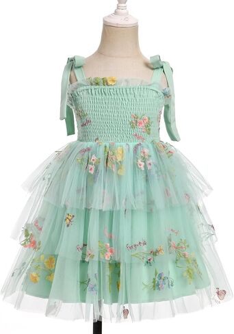 Odasdo Flower Girl Dress Kids Spaghetti Strap Tie Tie-Counder Smocked A-Line Tutu Tulle Tiered Dress Dresses Fecys Second in Saudi Arabia