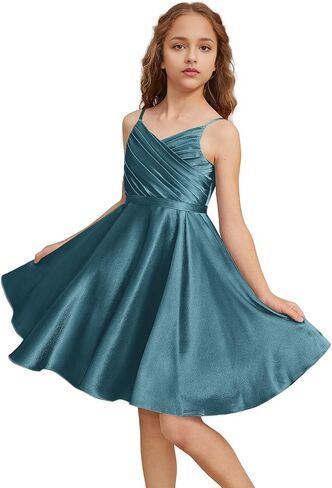 Girls Stretch Satin Formal Dresses V-Neck Knee-Length Flower Girl Bridesmaid Dress Party Wedding in Kuwait