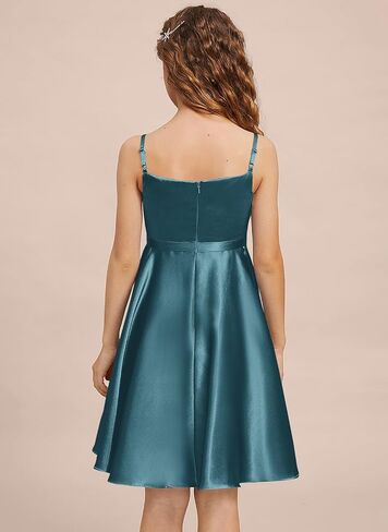 Girls Stretch Satin Formal Dresses V-Neck Knee-Length Flower Girl Bridesmaid Dress Party Wedding in Kuwait