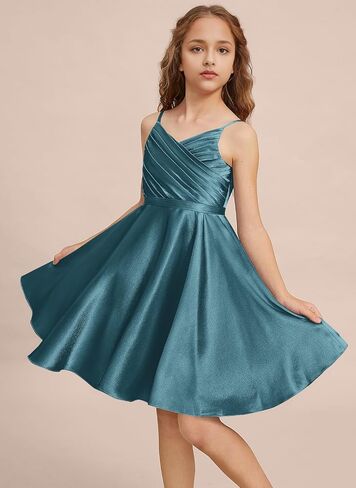 Girls Stretch Satin Formal Dresses V-Neck Knee-Length Flower Girl Bridesmaid Dress Party Wedding in Kuwait