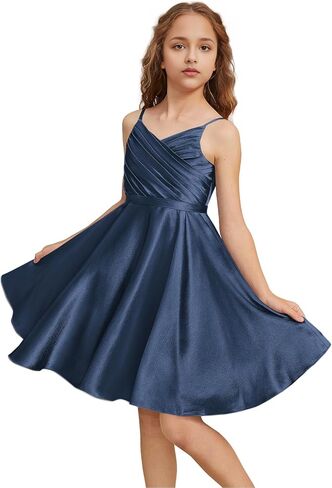 Girls Stretch Satin Formal Dresses V-Neck Knee-Length Flower Girl Bridesmaid Dress Party Wedding in Kuwait
