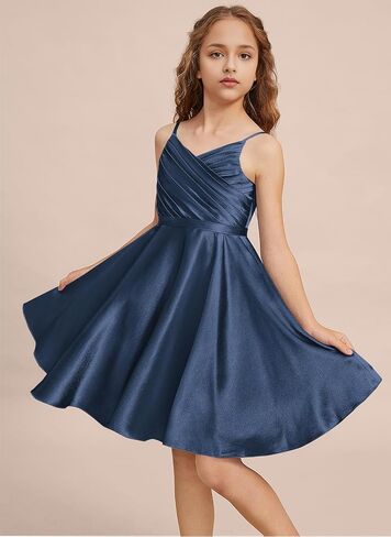 Girls Stretch Satin Formal Dresses V-Neck Knee-Length Flower Girl Bridesmaid Dress Party Wedding in Kuwait