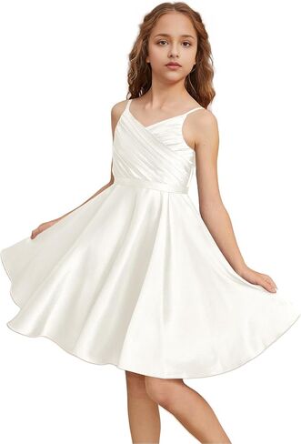 Girls Stretch Satin Formal Dresses V-Neck Knee-Length Flower Girl Bridesmaid Dress Party Wedding in Kuwait