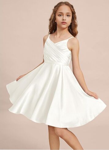 Girls Stretch Satin Formal Dresses V-Neck Knee-Length Flower Girl Bridesmaid Dress Party Wedding in Kuwait