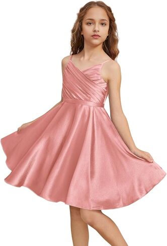 Girls Stretch Satin Formal Dresses V-Neck Knee-Length Flower Girl Bridesmaid Dress Party Wedding in Kuwait