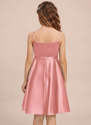 Girls Stretch Satin Formal Dresses V-Neck Knee-Length Flower Girl Bridesmaid Dress Party Wedding in Kuwait
