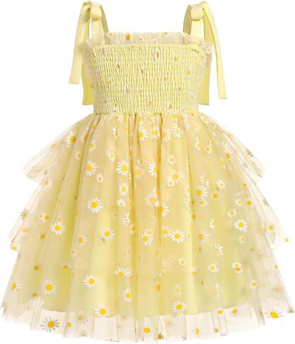 Odasdo Flower Girl Dress Kids Spaghetti Strap Tie Tie-Counder Smocked A-Line Tutu Tulle Tiered Dress Dresses Fecys Second in Kuwait