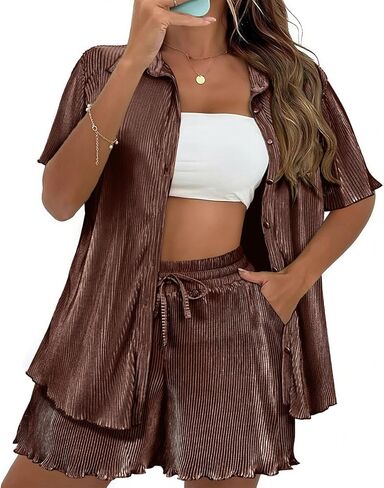 TIYOMI Plus Size Two Piece Sets for Women Pleated Outfits Button Down Suits Textured Top & Wide Leg Pants XL-5XL in Kuwait