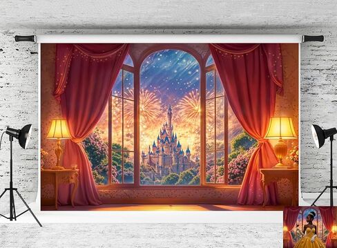 Kate Fantasy Castle Window Fireworks Backdrop Red Curtain Floral Background Dreamy Fantasy Event Photo Background Studio Props,7x5ft in Saudi Arabia