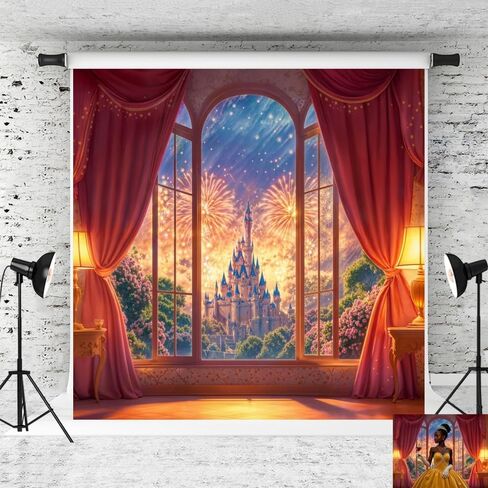 Kate Fantasy Castle Window Fireworks Backdrop Red Curtain Floral Background Dreamy Fantasy Event Photo Background Studio Props,7x5ft in Saudi Arabia